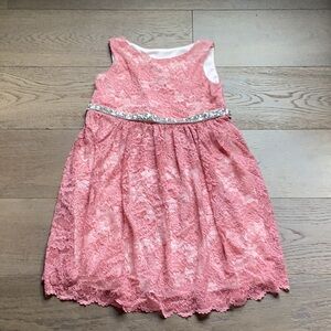 Peach Lace Sleeveless Party Dress with Sequin Ribbon belt Size 7 / 8 Tank Flowy